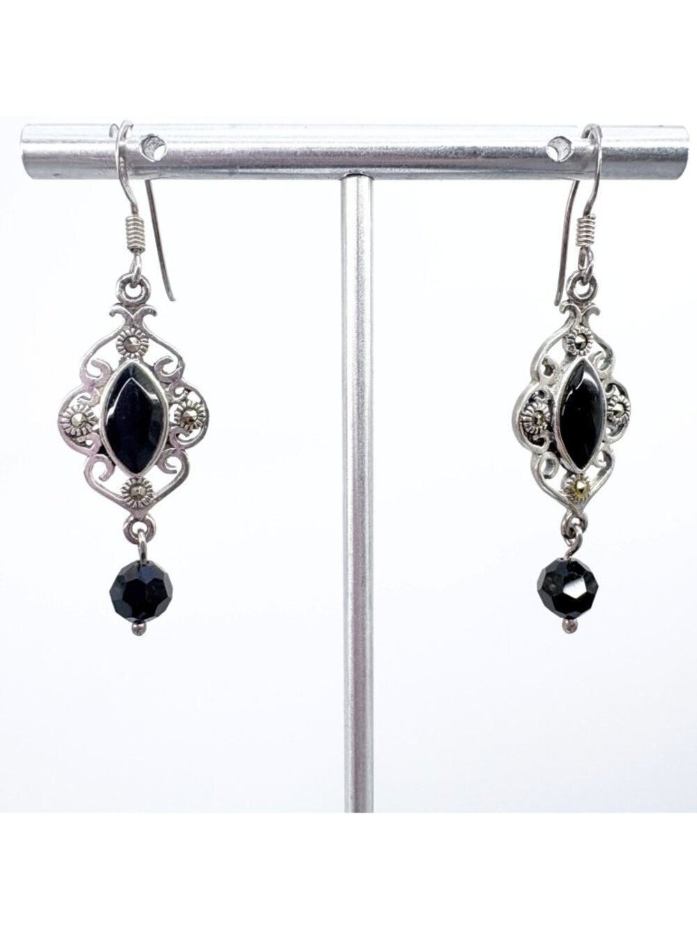 Black Onyx Marquise Sterling Silver 925 Scroll Design Dangle Earrings 2" L